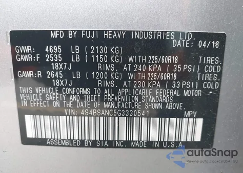 2016 Subaru Outback 2.5I Limited z USA, uszkodzony, nr VIN 4S4BSANC5G3330541